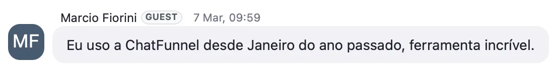 Depoimento de Marcio Fiorini: 'uso a ChatFunnel desde janeiro do ano passado, ferramenta incrível'