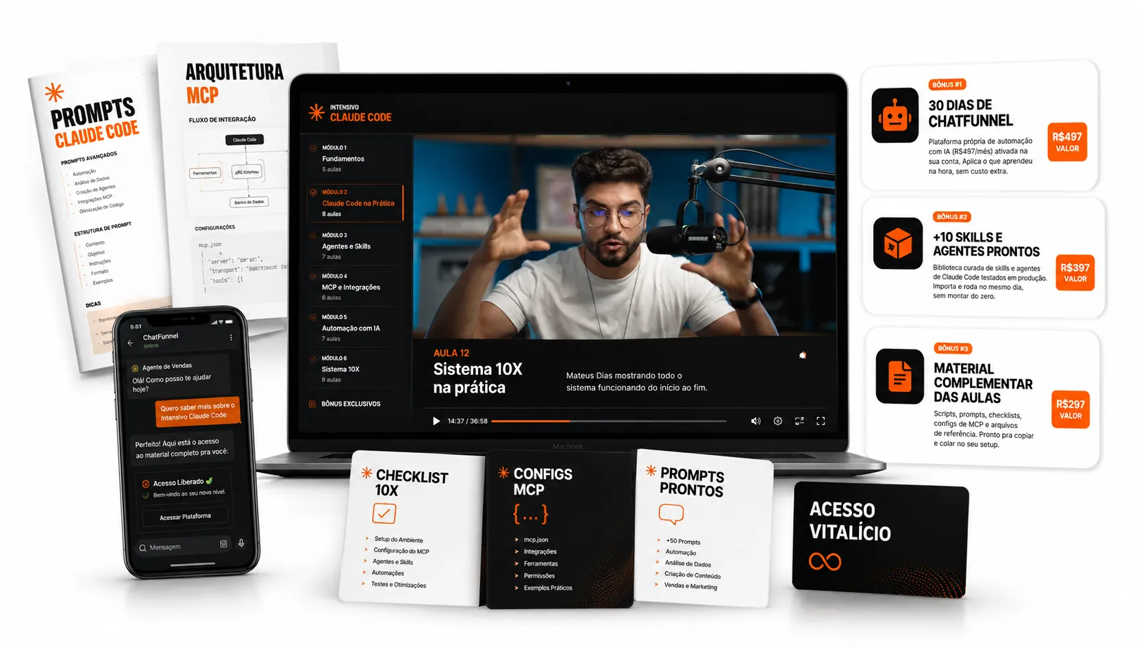 Tudo que você recebe no Intensivo: aulas, prompts, configs de MCP, checklists, skills, agentes e acesso vitalício